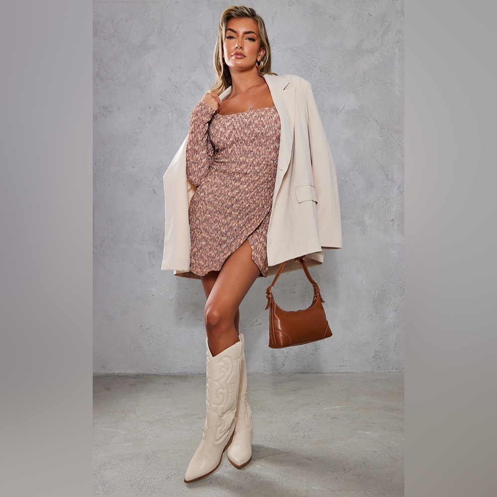 PrettyLittleThing Textured Tan Long Sleeve Dress
